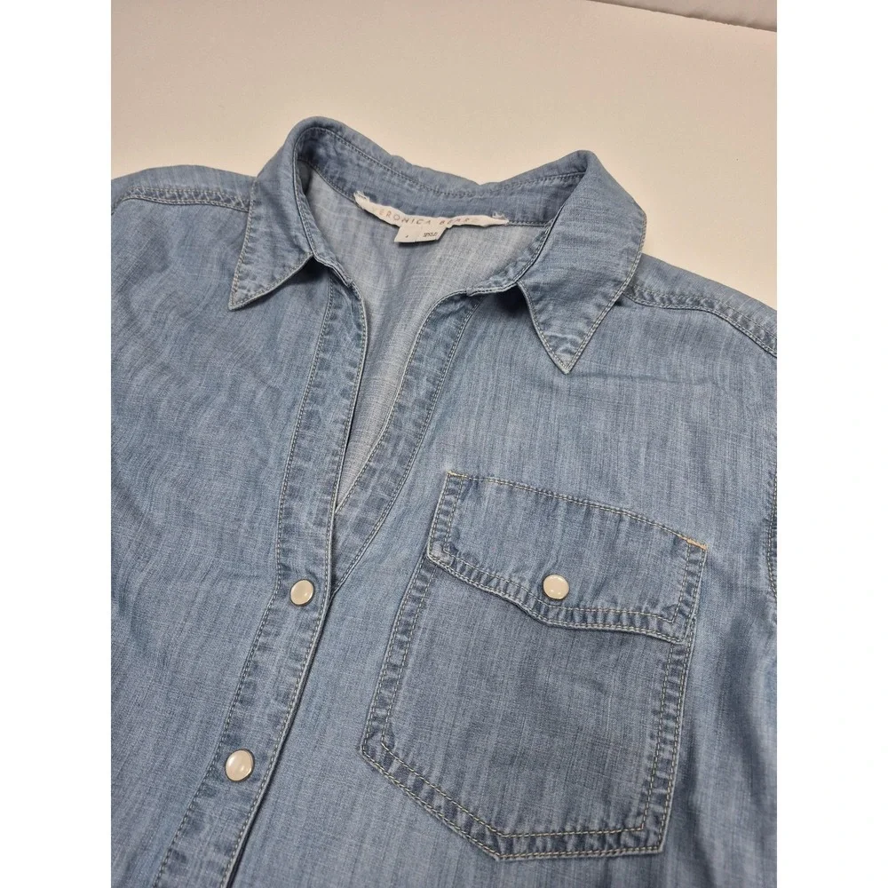 Veronica Beard Shirt Dress Womens 4 Blue Chambray Tiered Hi Low Long Sleeve